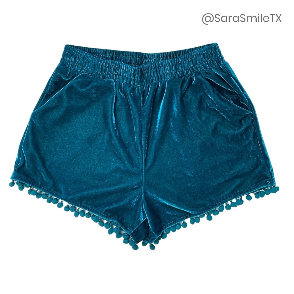 REHAB Boho Teal Blue Velour Velvet Pom Pom Fringe Shorts